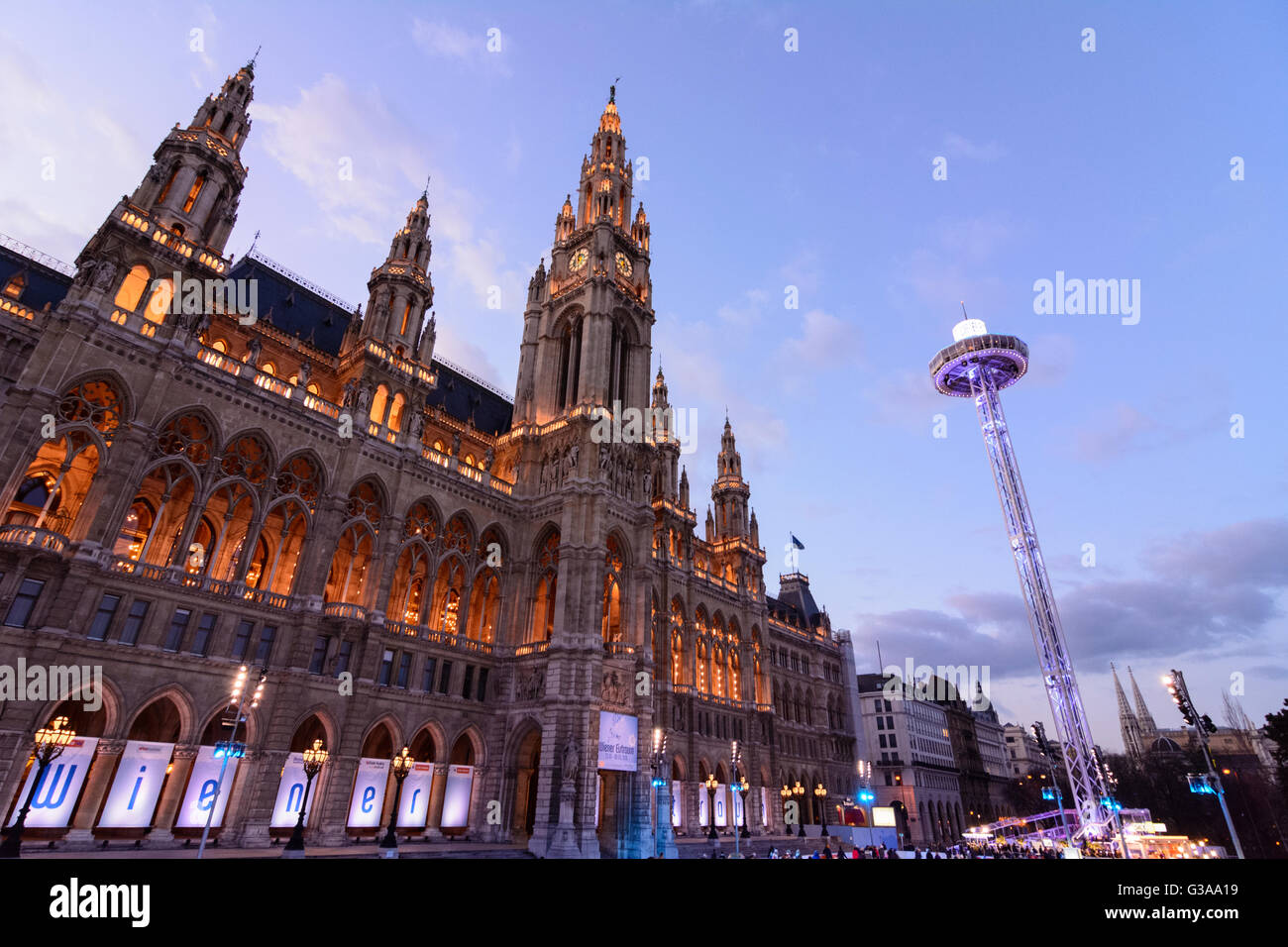 Town hall with skating rink 'Vienna Ice Dream' and Lookout City Skyliner, Austria, Wien, 01., Wien, Vienna Stock Photo