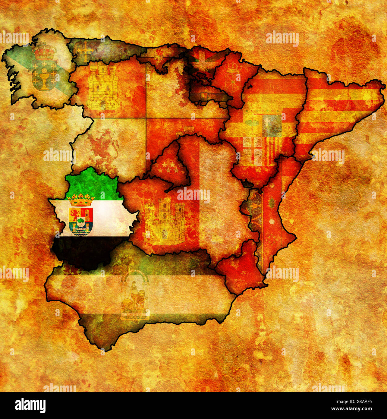 extremadura region on administration map of regions of spain with flags ...