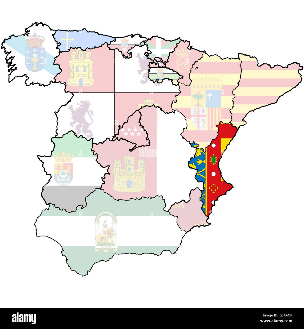 valencia region on administration map of regions of spain with flags