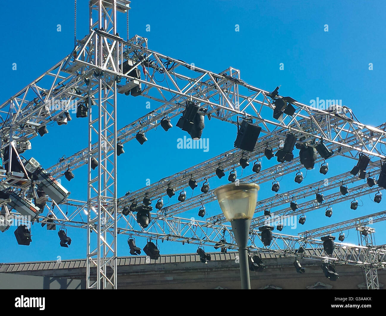 Scaffolding supports lights on stage Stock Photo