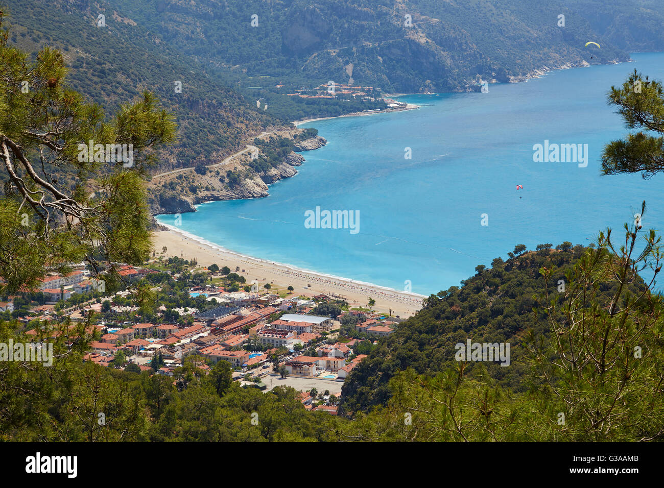 Elevated view of Oludeniz town and Belcekiz beach from the surrounding mountainside in Turkey. Stock Photo