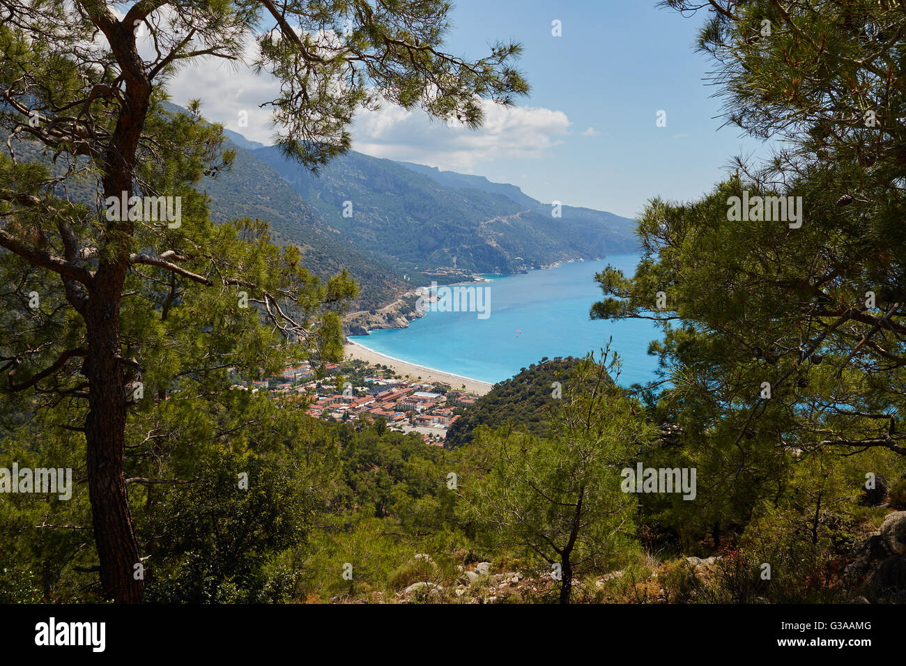 Elevated view of Oludeniz town and Belcekiz beach from the surrounding mountainside in Turkey. Stock Photo