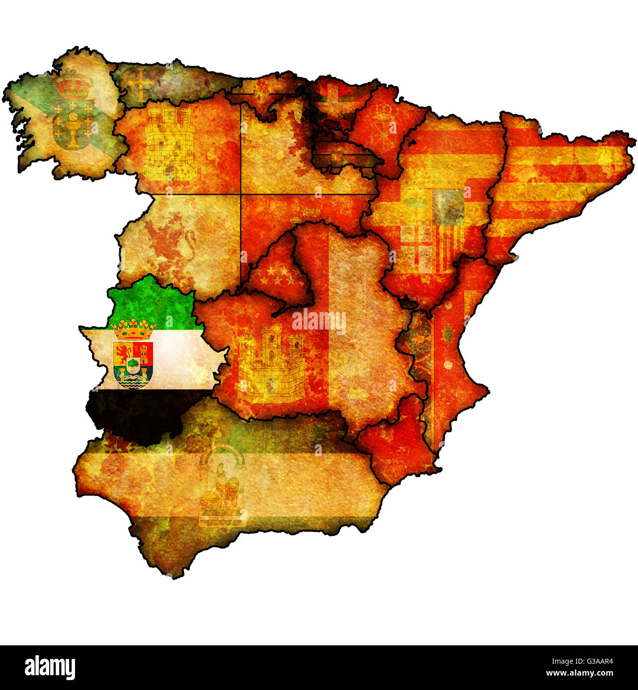 extremadura region on administration map of regions of spain with flags and emblems Stock Photo