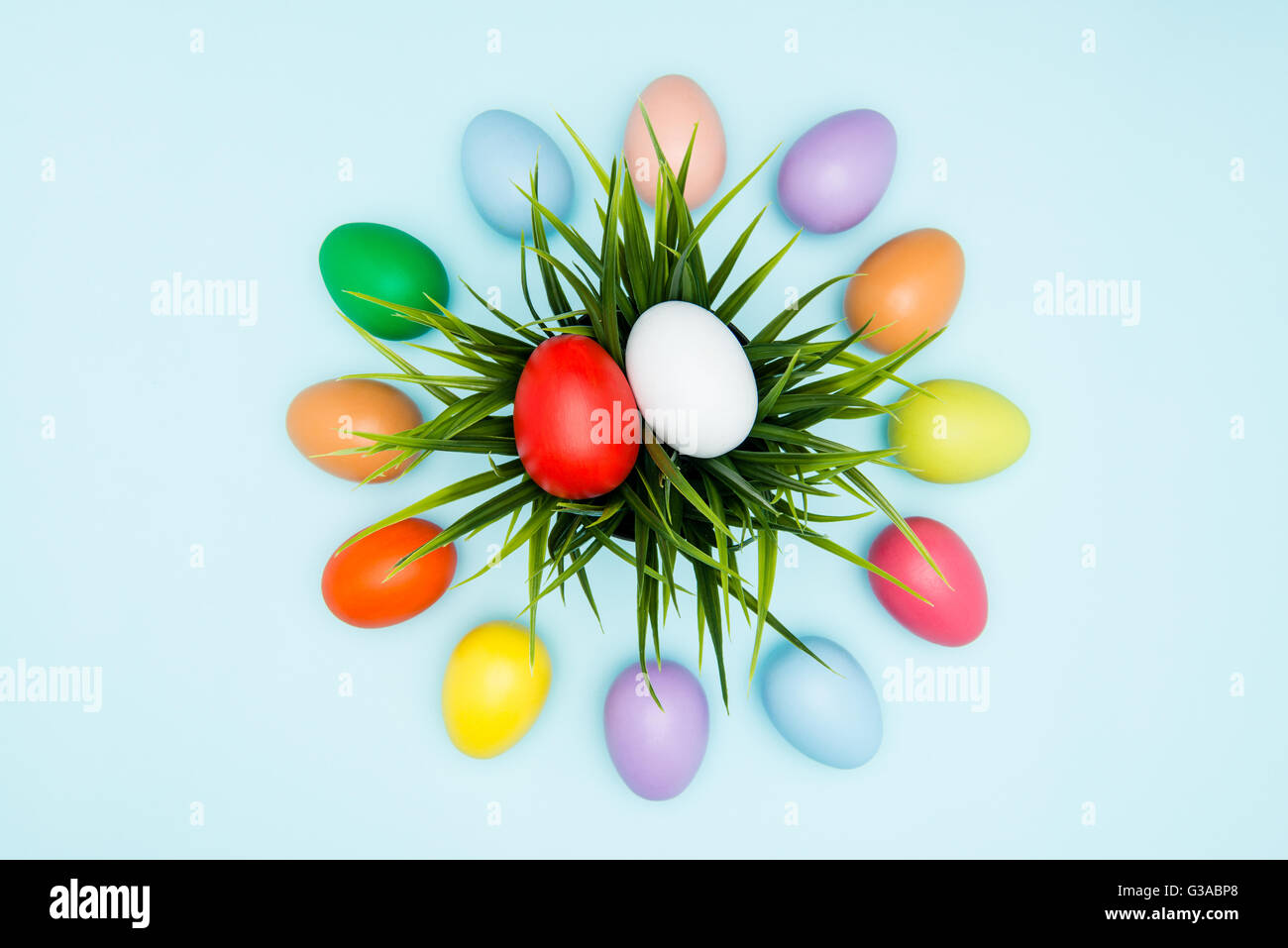 Colorful easter eggs arranged in a circular on pastel background Stock ...