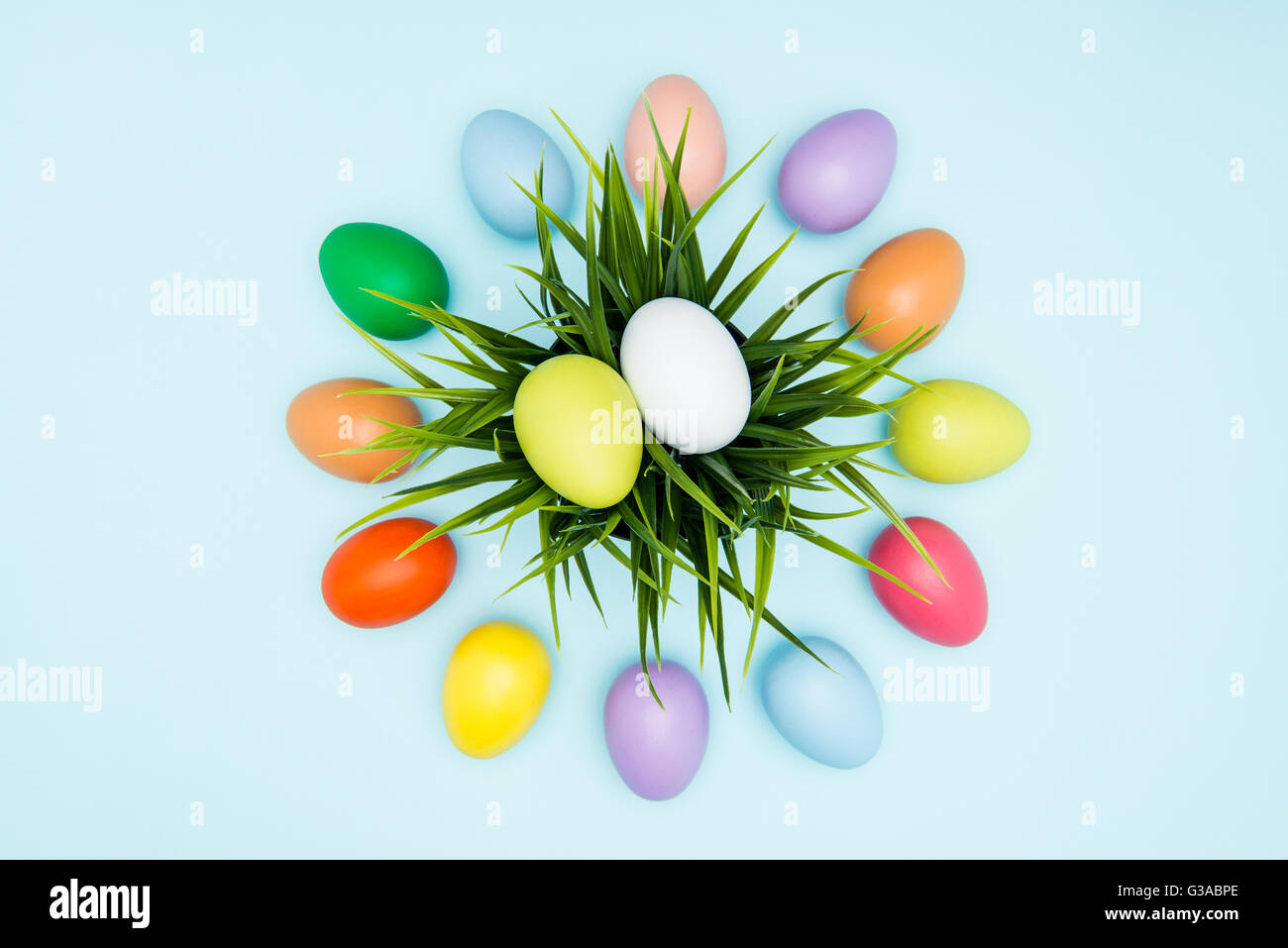 Colorful easter eggs arranged in a circular on pastel background Stock ...
