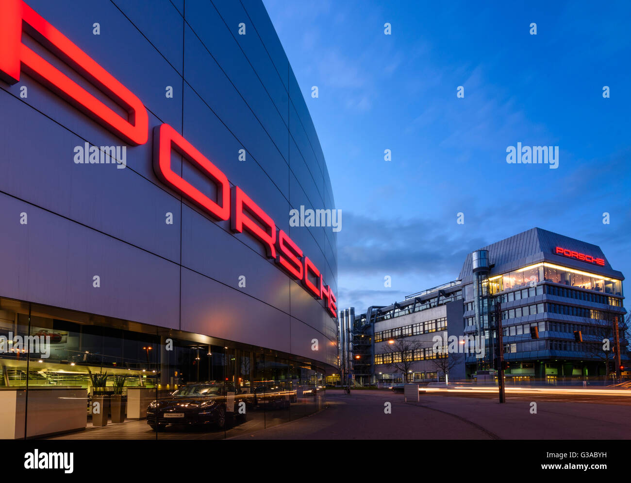 Porsche factory in Zuffenhausen headquarters and Porsche sales center, Germany, Baden-Württemberg, Region Stuttgart, Stuttgart Stock Photo