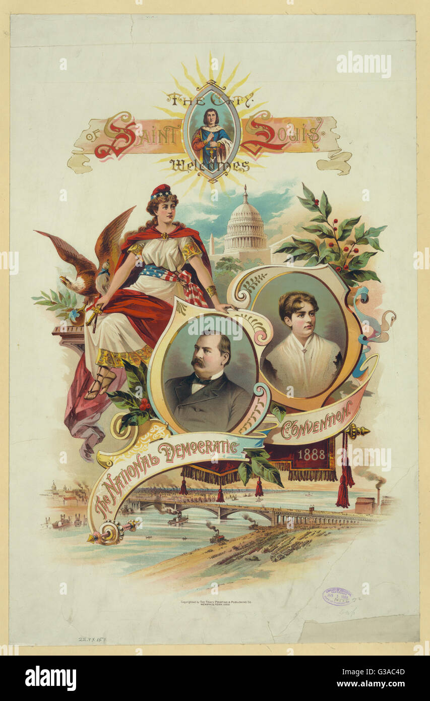 Presidential campaign convention poster with portraits of candidate President Grover Cleveland and his wife Frances Folsom Cleveland as well as symbols and images of Washington, DC; St. Louis, and America. Stock Photo