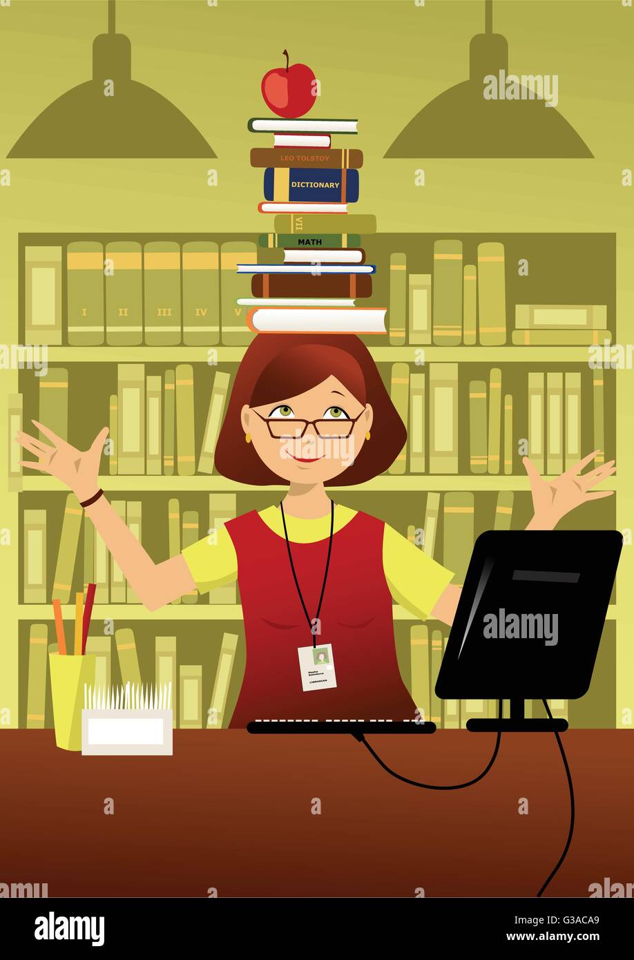 Funny smiling librarian balancing a stack of books on her head Stock Vector
