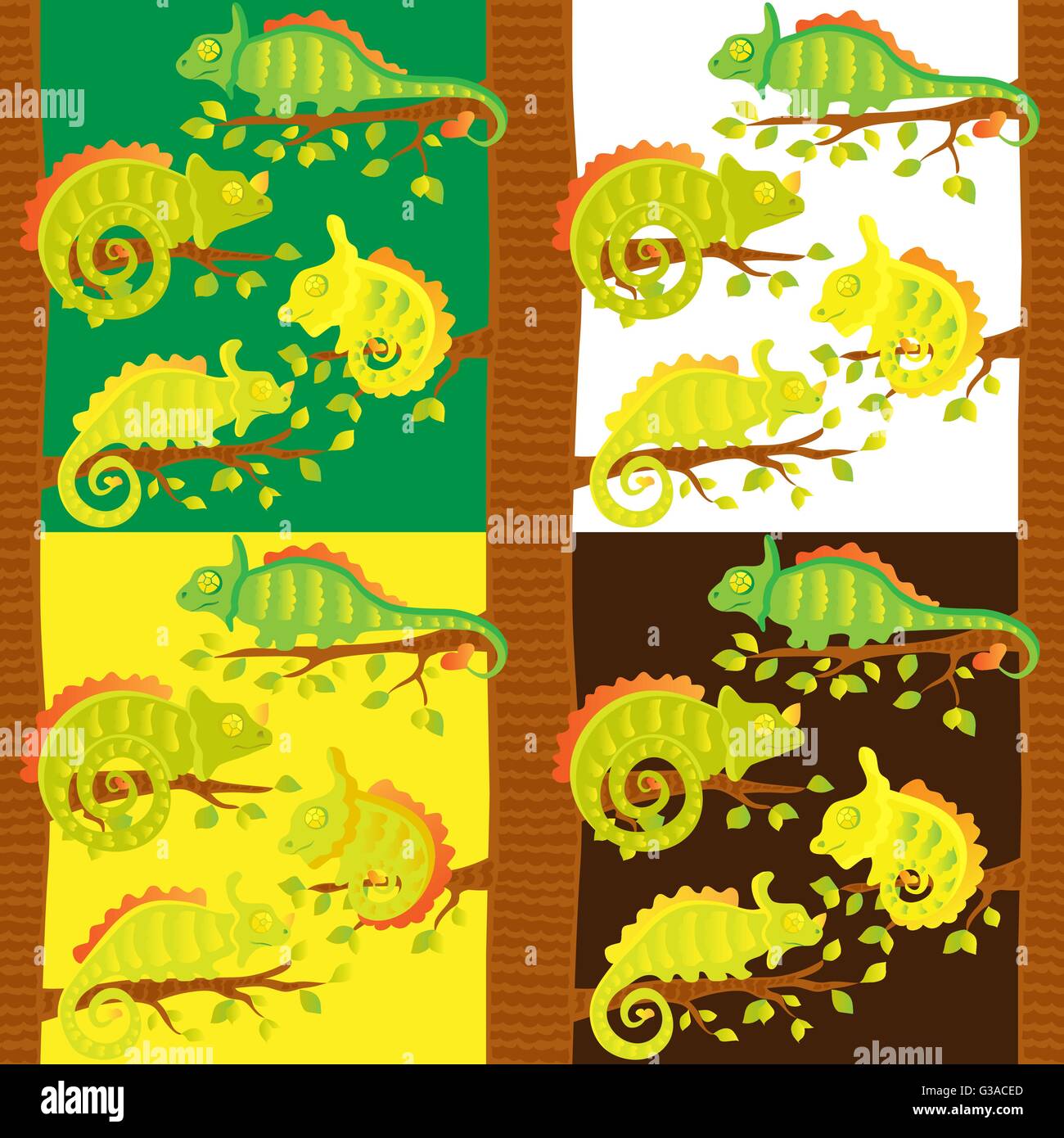 Set of seamless pattern with chameleons on the tree Stock Vector