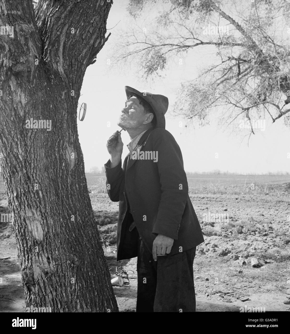 On US 99 between Bakersfield and the Ridge, en route to San Diego. Migrant man shaving by roadside. See general caption 1. Date 1939 Feb. Stock Photo