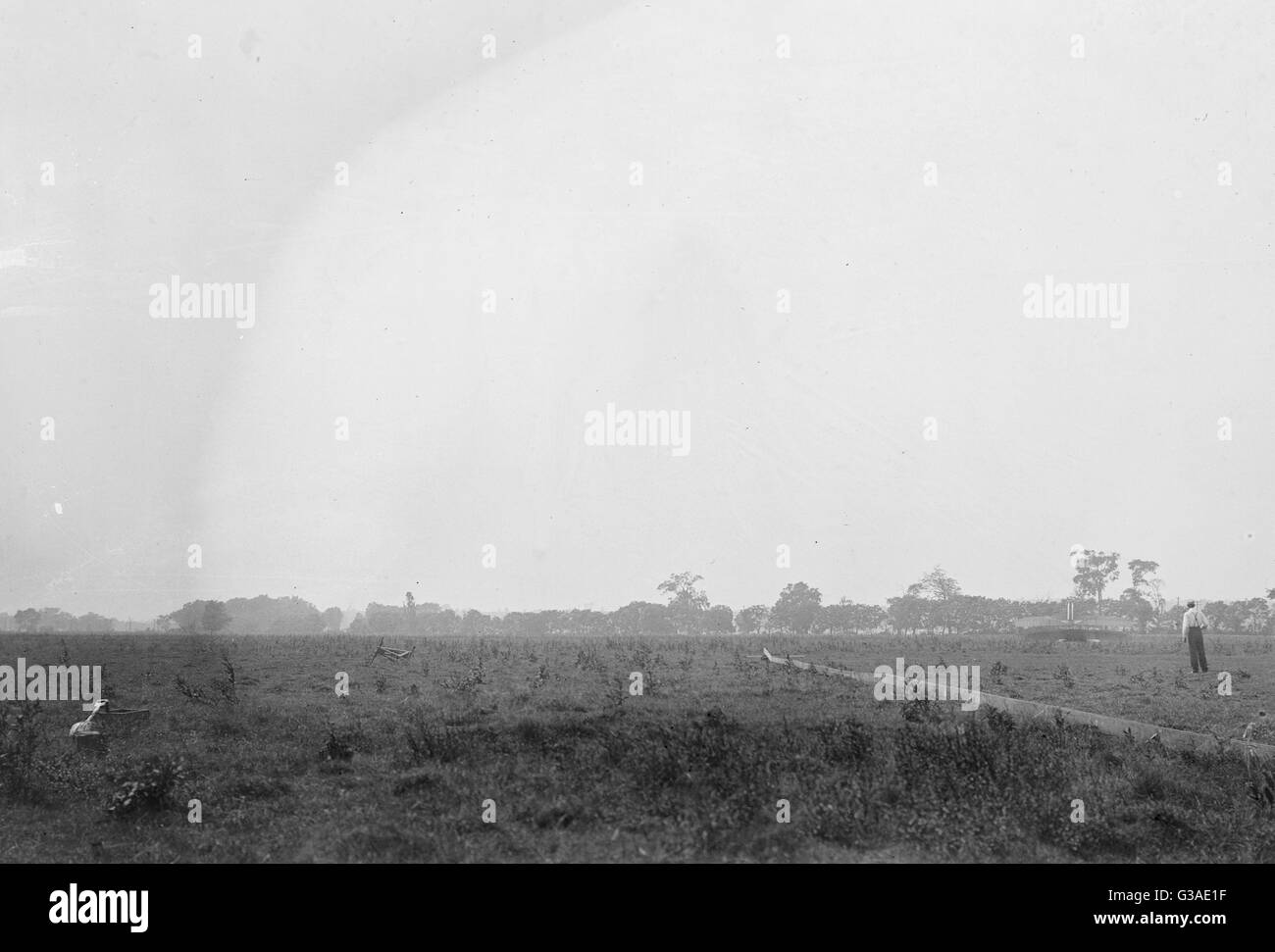 Damaged machine to the right of the launching track at the e Stock Photo