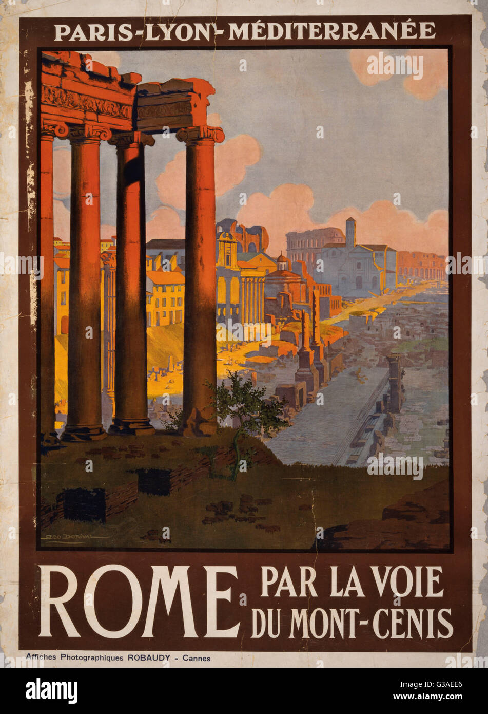 Rome par la voie du Mont-Cenis. Poster showing the Roman Forum at dawn. Date ca. 1920. Stock Photo