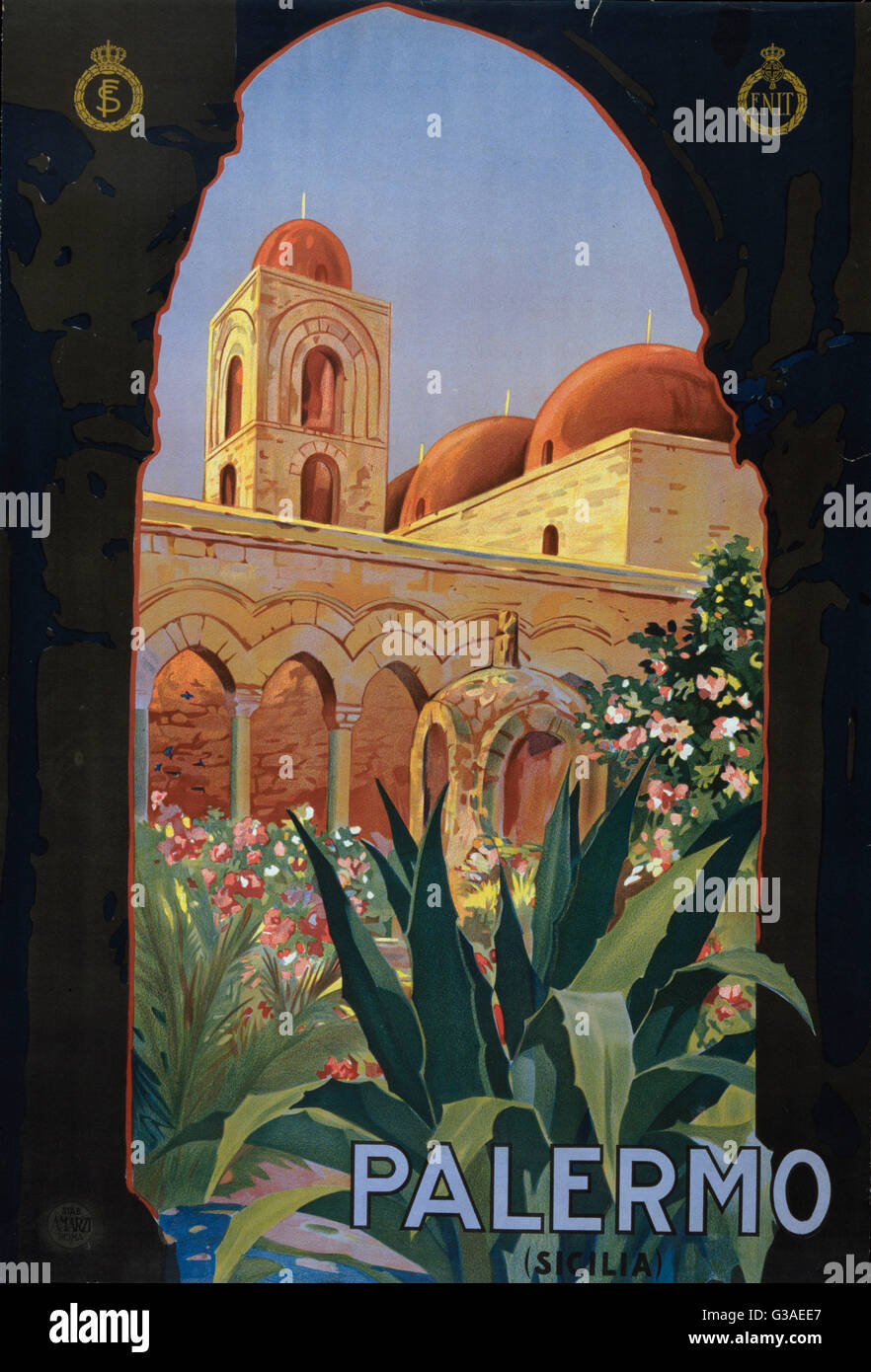 Palermo (Sicilia). Poster showing a garden courtyard with arcade and tower. Date ca. 1920. Stock Photo