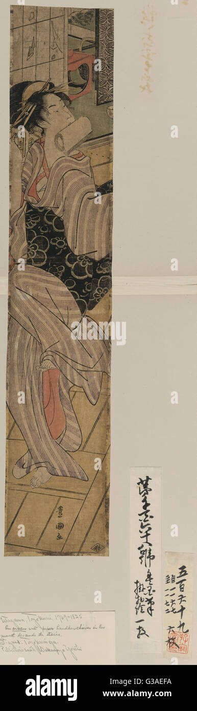 Beauty descending stairs. Print shows a woman descending a staircase, she has a small roll of cloth or paper in her mouth. Date 1795. Stock Photo