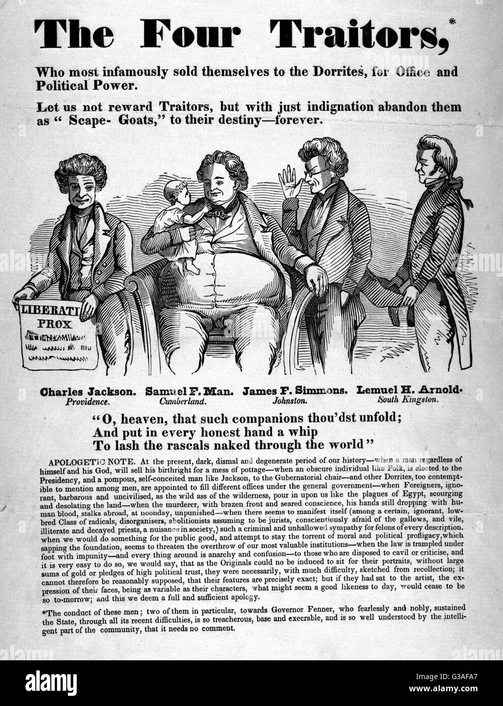 The four traitors, who most infamously sold themselves to the Dorrites for office and political power. An illustrated broadside reviling four Rhode Island Whigs who broke party ranks to support a popular movement to free imprisoned radical Thomas Wilson D Stock Photo
