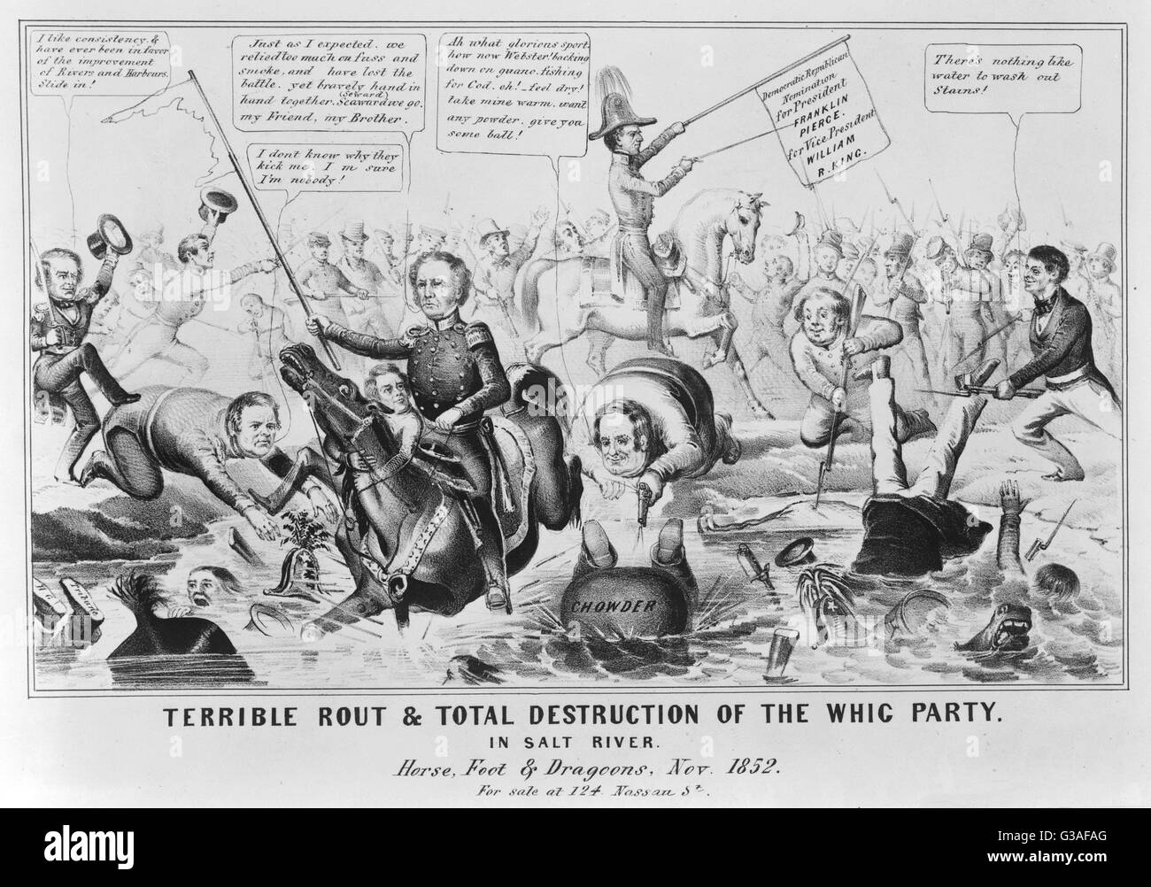 Terrible rout &amp; total destruction of the Whig Party. In Salt River. The 1852 Democratic victory under the standard of Franklin Pierce is foreseen as a debacle for the Whig party, led by Winfield Scott. Pierce (center) sits on his horse, holding aloft Stock Photo