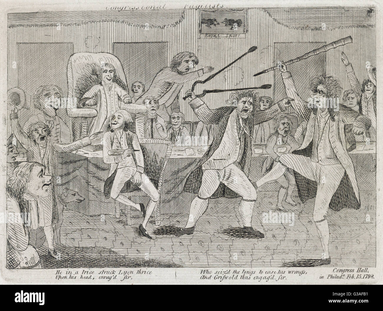 Congressional pugilists. A crude portrayal of a fight on the floor of Congress between Vermont Representative Matthew Lyon and Roger Griswold of Connecticut. The row was originally prompted by an insulting reference to Lyon on Griswold's part. The interio Stock Photo