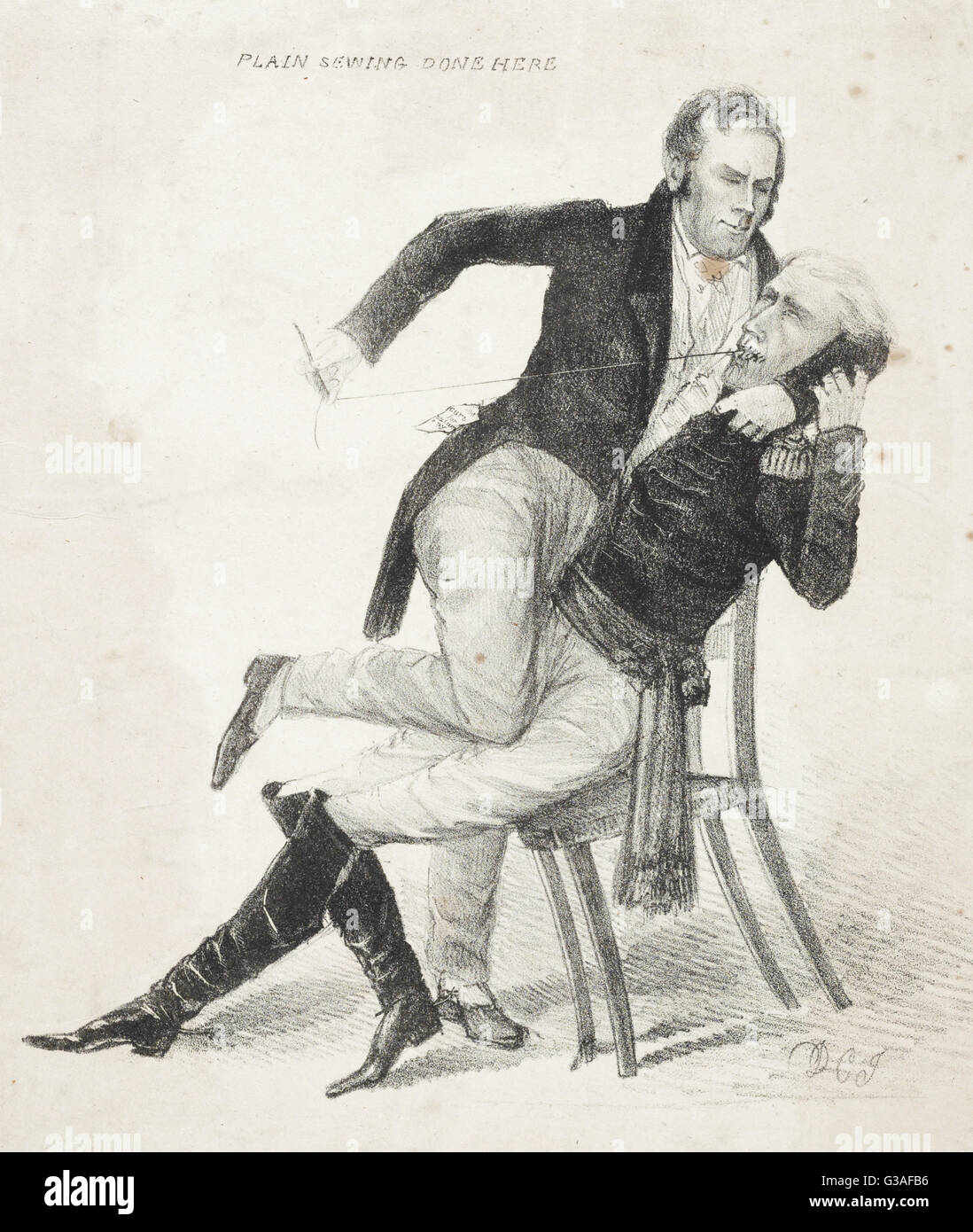 Symptoms of a locked jaw. Plain sewing done here. The caricature Stock