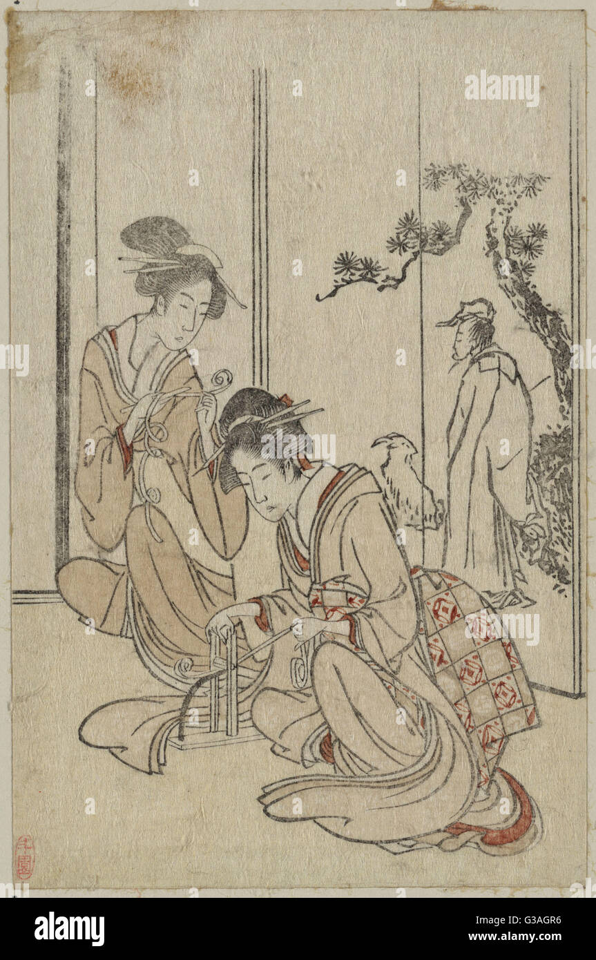Young woman braiding a cord before a screen depicting the Chinese sage Huang Shangping. Date 1799. Stock Photo