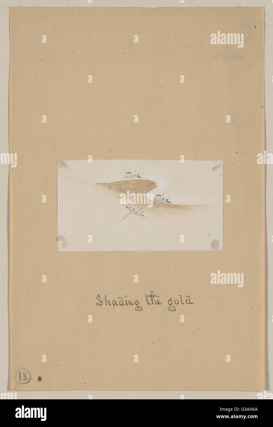 Shading the gold. Drawing shows a schematic design for applying gold leaf, labeled light on one side and thick on the other. Date 1878?. Stock Photo