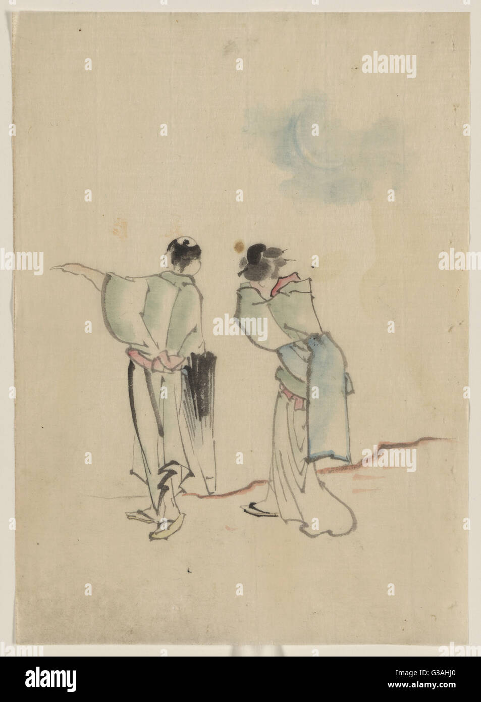 A man and a woman, seen from behind, are looking to where the man is pointing with his left arm, he holds a closed parasol in his right hand; the woman has her hands on her face, it is unclear whether she is peering into the distance or crying. Date betwe Stock Photo