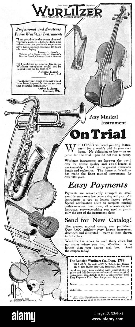 Advertisement for Wurlitzer musical instuments. Available for home trial, easy payment on credit available.     Date: 1923 Stock Photo