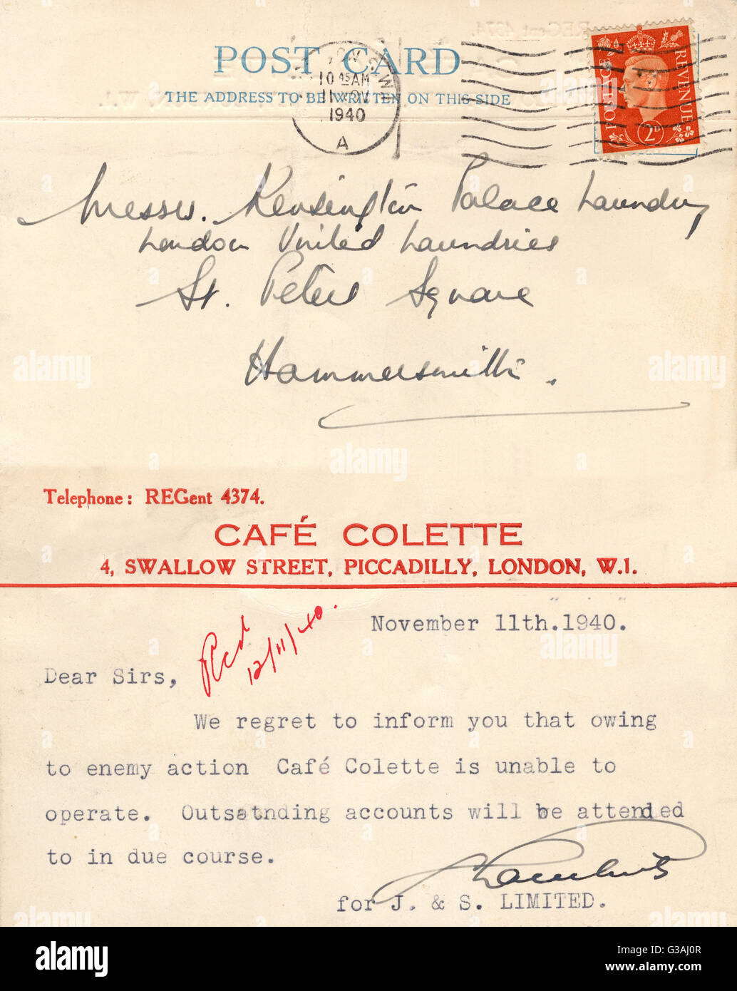 WW2 Home Front Memorabilia - Damaged Cafe Colette of Swallow Street, London sending information on a printed card to inform suppliers that (likely due to Bomb damage?) 'owing to enemy action' they are 'unable to operate'. This card was sent to their laund Stock Photo