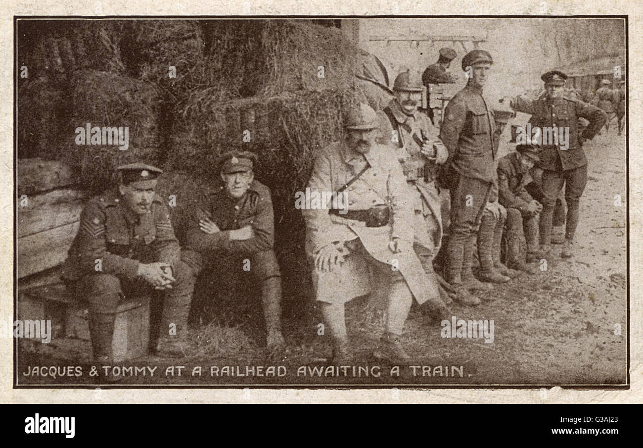 British and French soldiers awaiting transport to the front Stock Photo