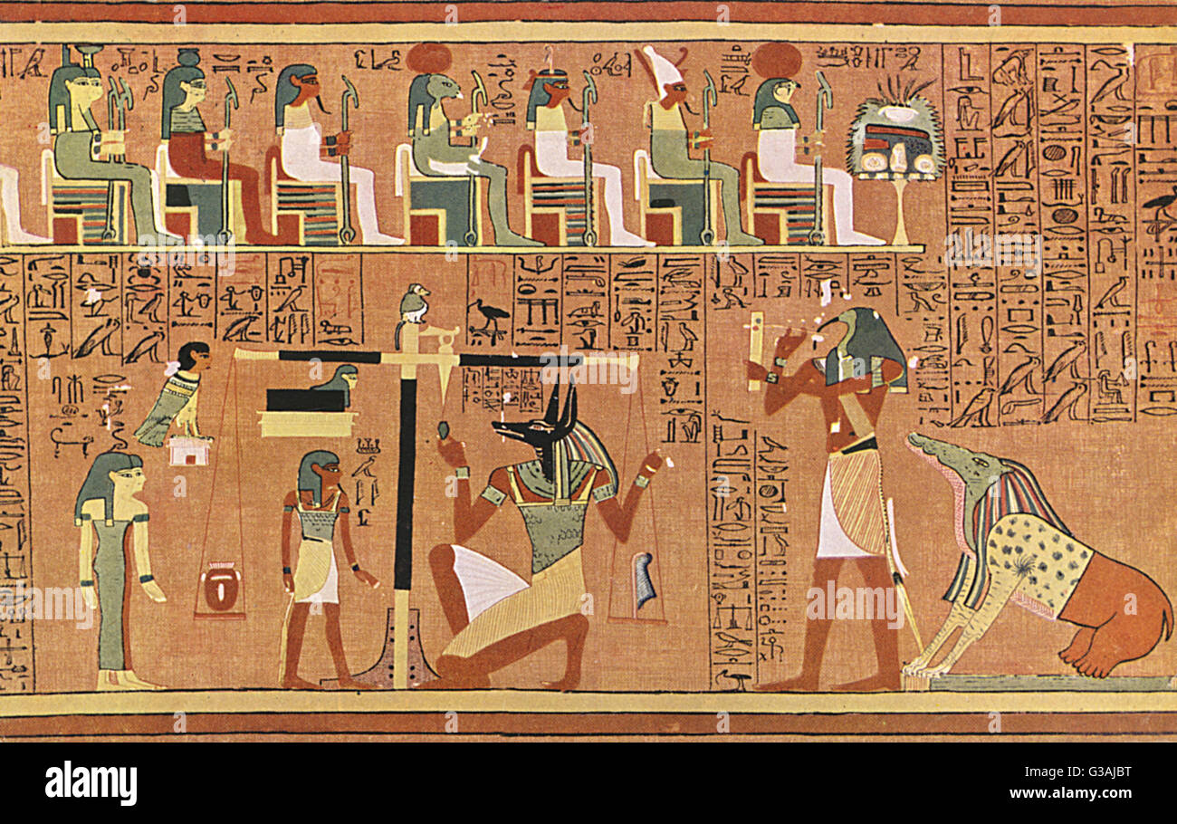 (Above) -Twelve Gods seated in Order, as judges before a table of offerings. (Below) - The Psychostasia of Weighing of the Conscience of Ani. The Jackal-headed Anubis trying (in the balance) the heart of the deceased against the feather (symbolising the l Stock Photo