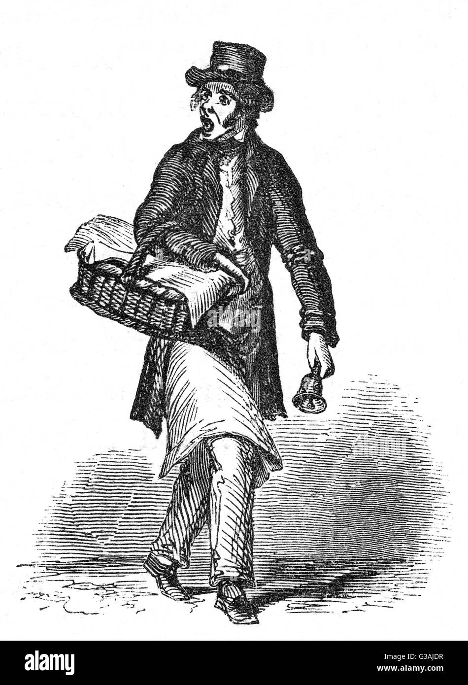 The muffin man, with a basket of muffins on one arm, rings his handbell and calls out to attract the attention of passers-by.     Date: 1841 Stock Photo