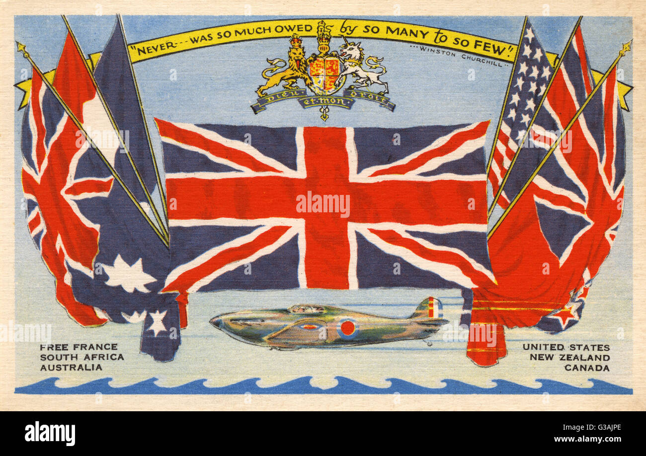 Allied Flags - Hawker Hurricane - WWII Propaganda. 'Never was so much owed by so many to so few' - Winston Churchill. The flags of Great Britain, Free France, South Africa, Australia, United States, Canada and New Zealand     Date: circa 1944 Stock Photo