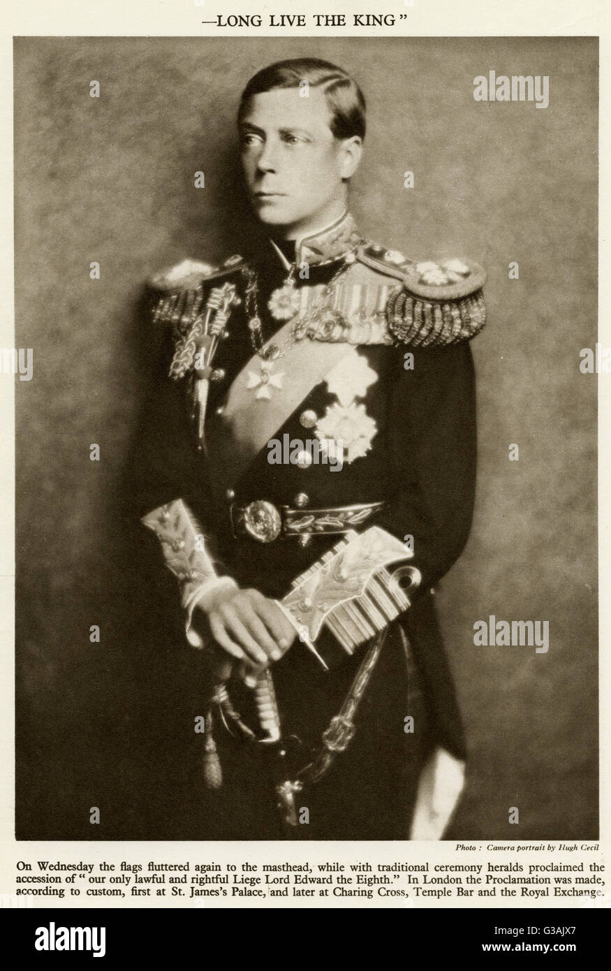 Edward VIII (1894 - 1972), in uniform as Cononel of the Welsh Guards, for the funeral of King George V. After just one year Edward chose to abdicate the throne (January 1936  December 1936), in order to marry Wallis Simpson, a twice-divorced American, he Stock Photo