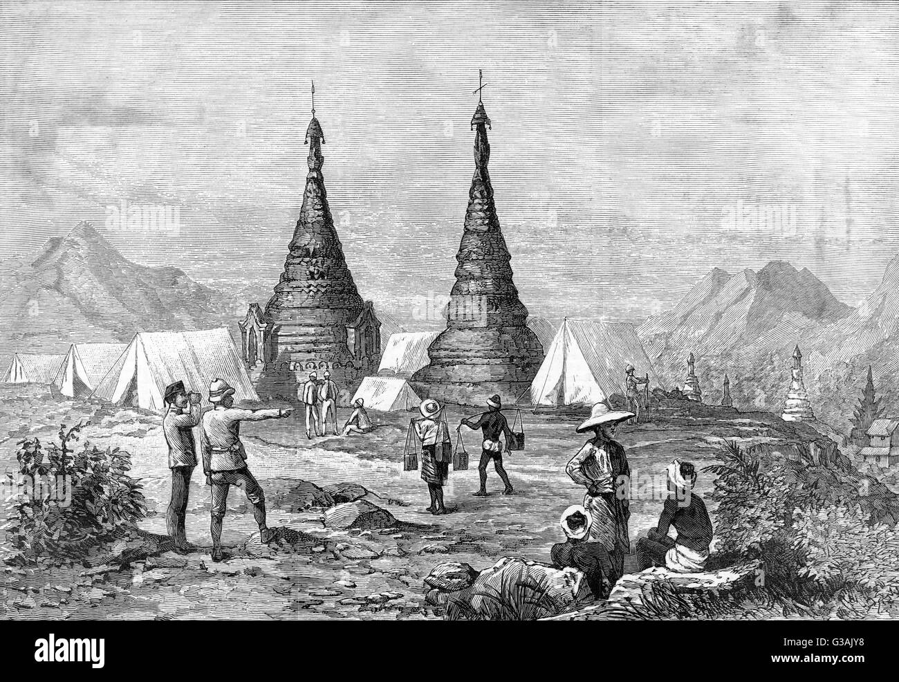 The camp of the 51st Kings Own Light Infantry at Mogok, Burma.     Date: 1887 Stock Photo