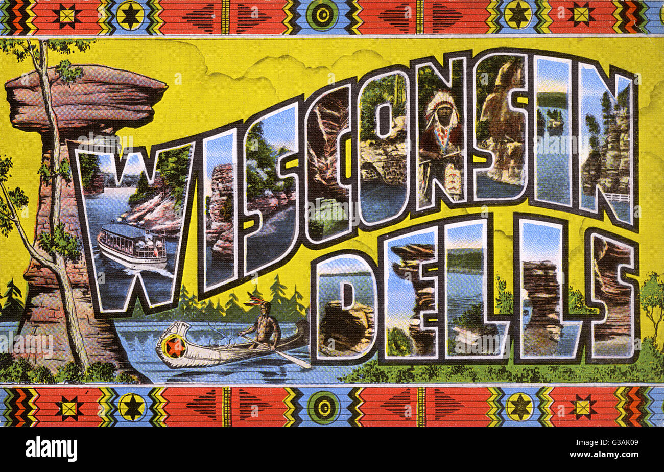 Wisconsin 'Dells' - USA - large letter postcard. The scene within the shape of each letter relates to an area of Wisconsin, including the Narrows, High Rock, The Palisades, Hawk's Bill and Devil's Jug!     Date: circa 1930s Stock Photo