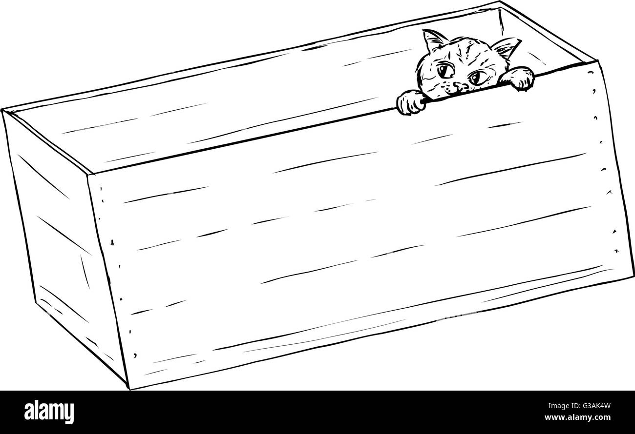 Outline illustration of cute tabby kitten peeking from inside of wooden crate Stock Vector