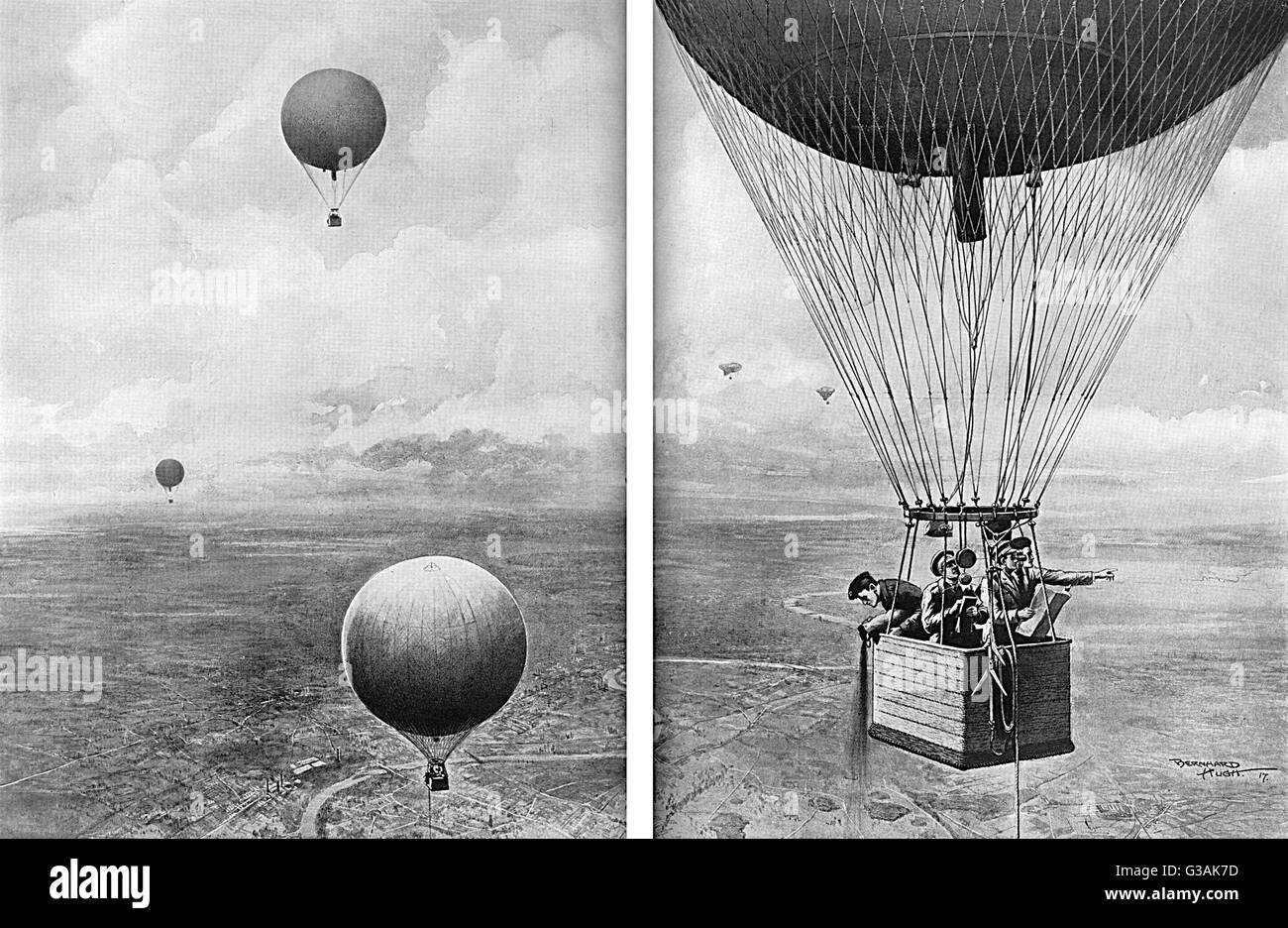 A school in the sky over London town - how officers are trained in the Royal Flying Corps.  Balloons flying over the capital, training RFC officers in observation and navigation skills in preparation for their role as pilots and navigators.  The balloons Stock Photo