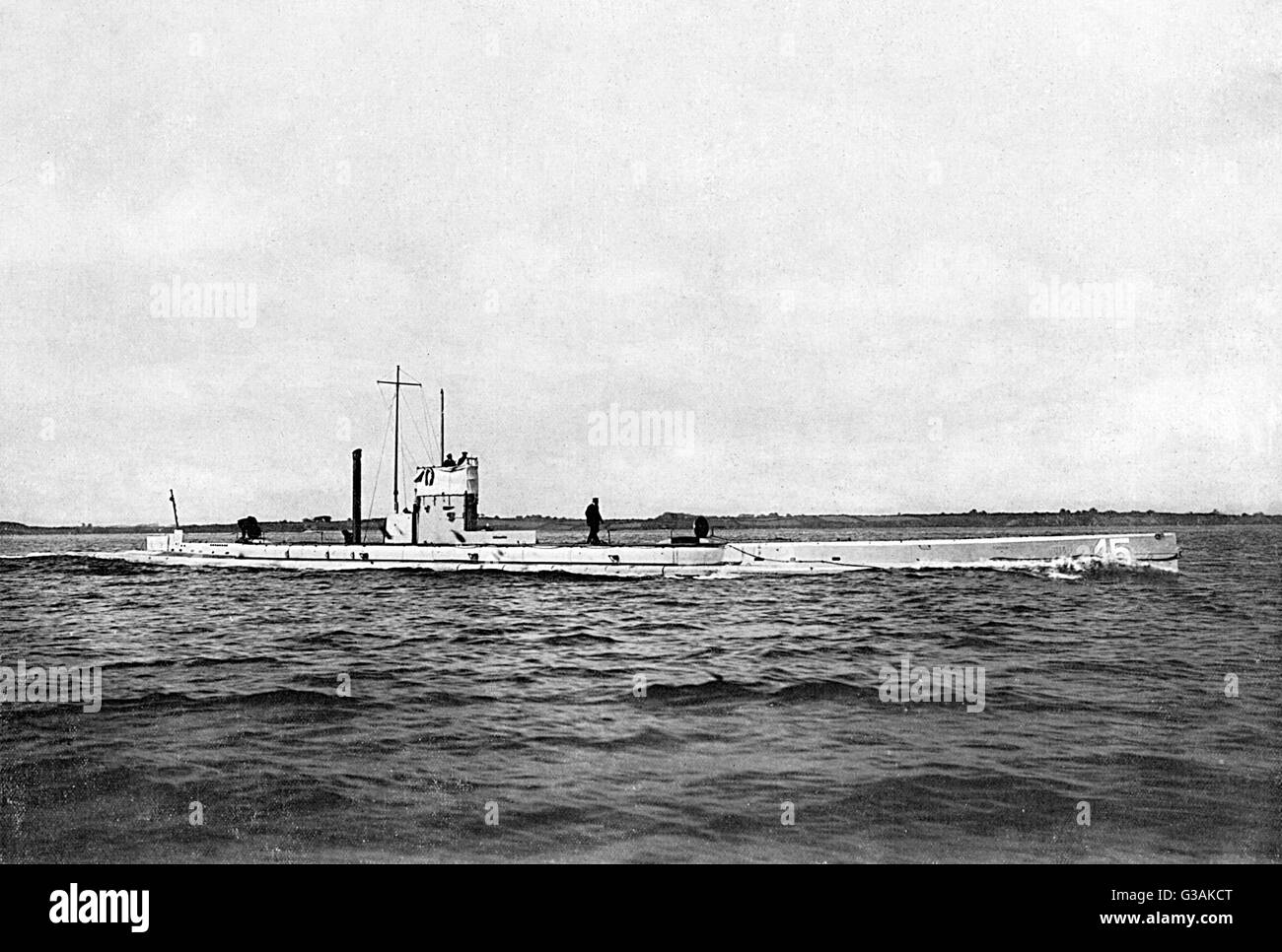 The German submarine U-15 became the first U-boat loss for the Germans after it was rammed by the British cruiser, HMS Birmingham on 9th August 1914.     Date: 1914 Stock Photo