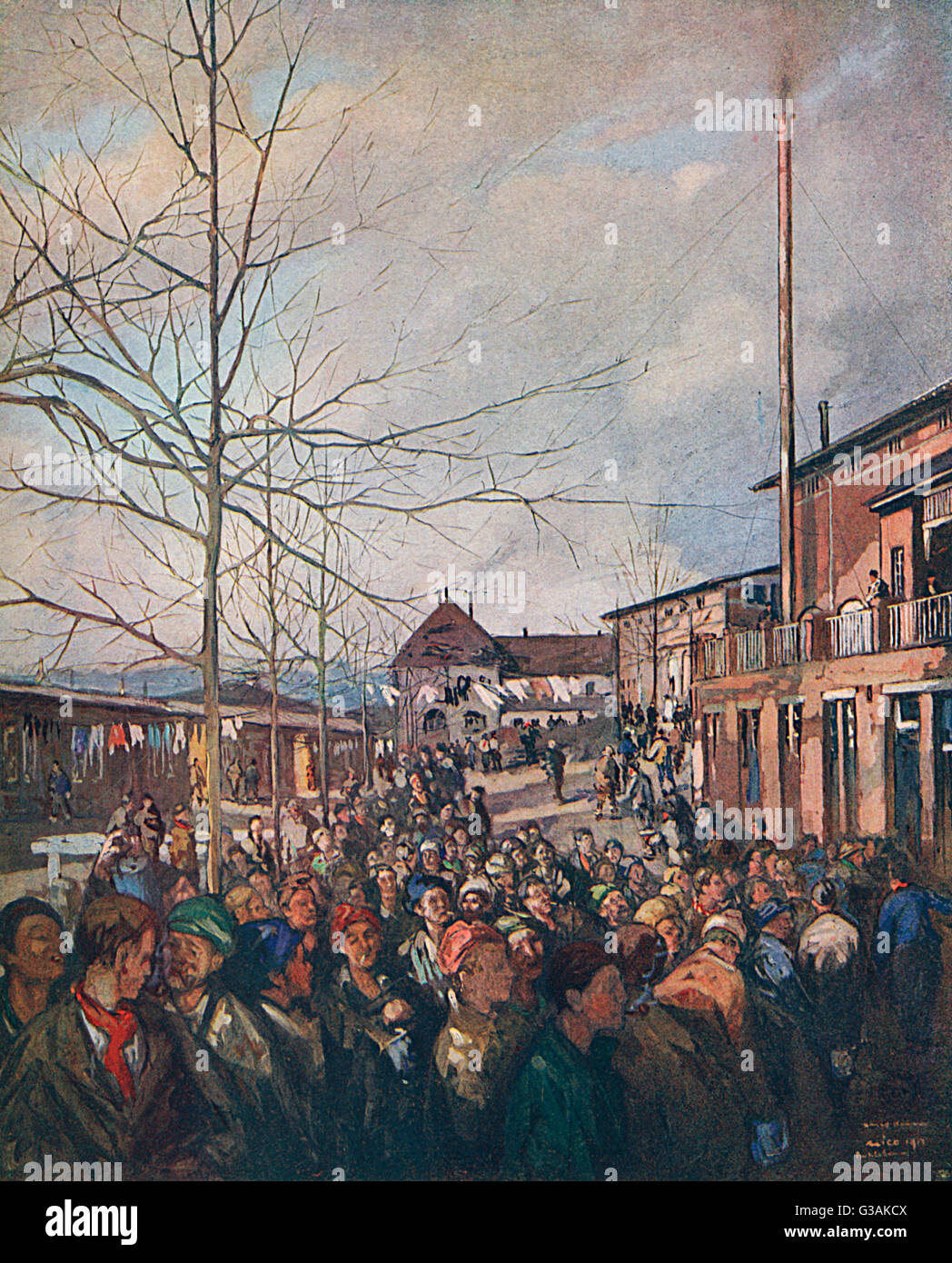 Prisoners at Ruhleben Prisoner of War Camp lining up for their bacon ration at Christmas, painted by artist and Ruhleben prisoner, Nico Jungmann.   The Ruhleben camp was located about 10km west of Berlin and was originally a racecourse. It was converted d Stock Photo