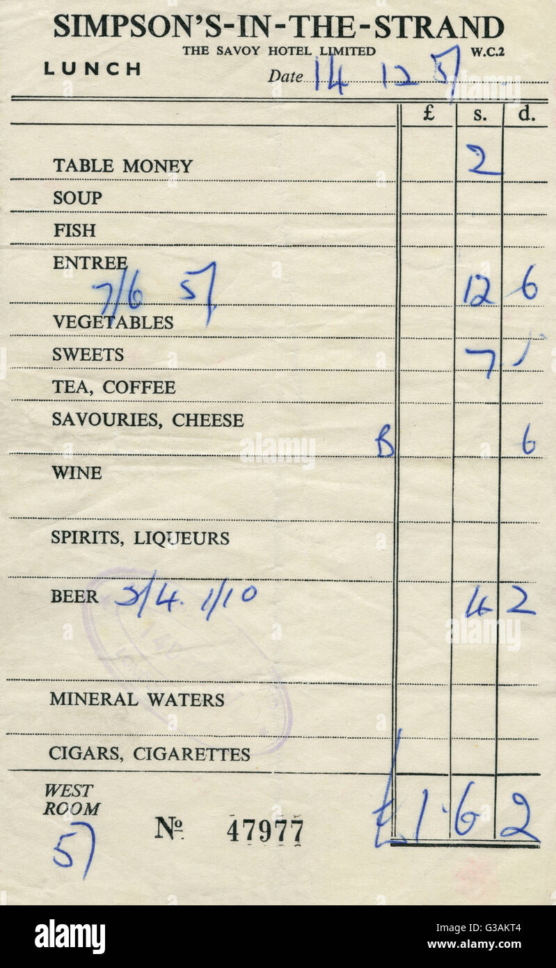 Bill for lunch at Simpson's-in-the-Strand - 1951 Stock Photo