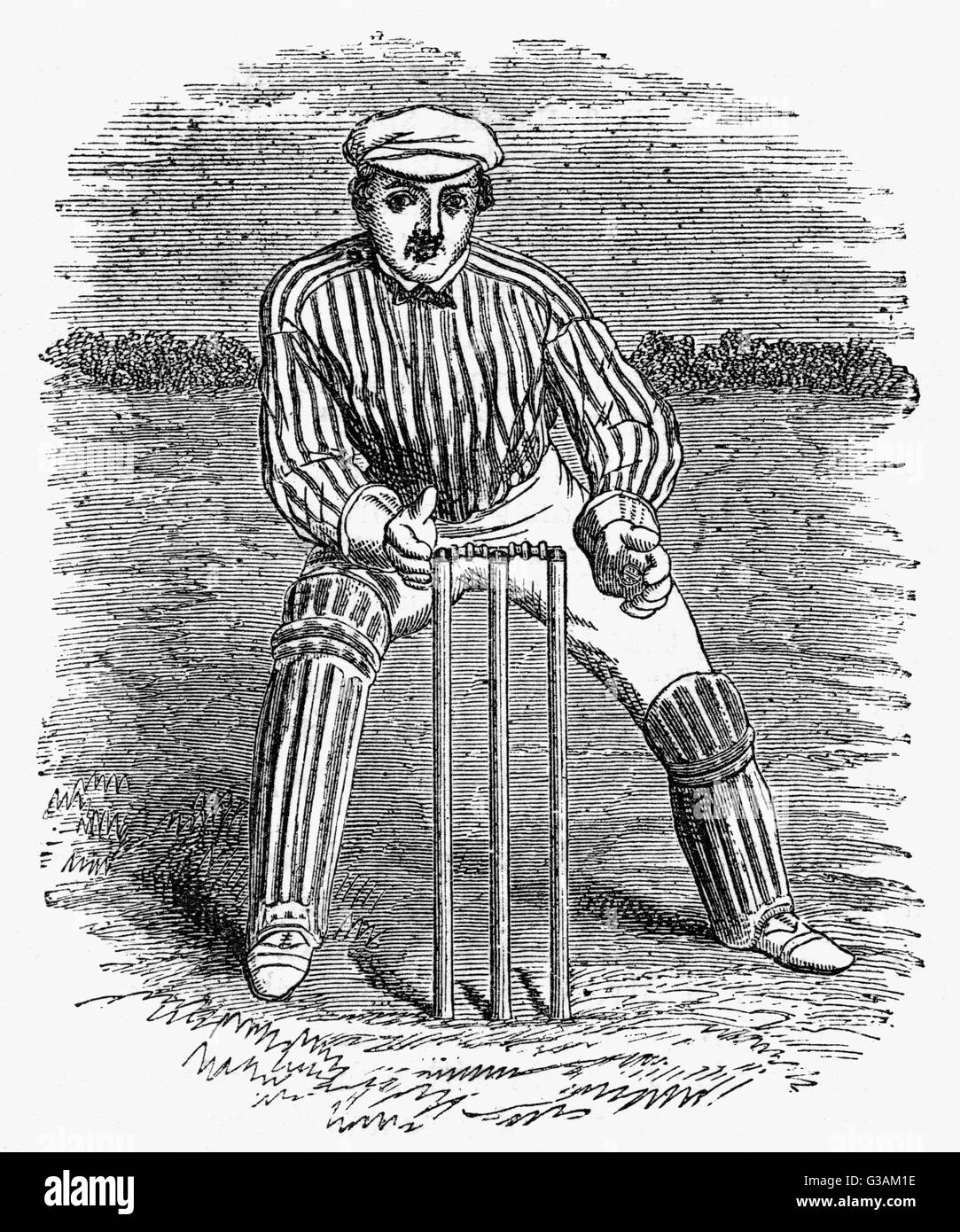 A wicket keeper demonstrating the correct way of how to wicket keep.     Date: circa 19th century Stock Photo
