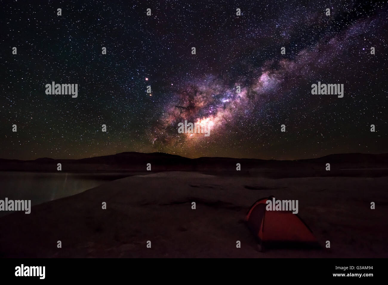 Small Tent under beautiful milky-way Stock Photo