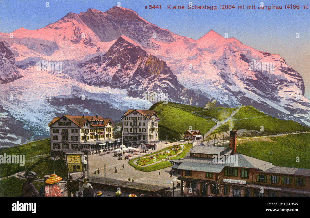 The 'Kleine Scheidegg' (Small Scheidegg) mountain and the Jungfrau Mountain - Swiss Alps, Switzerland.     Date: circa 1910s Stock Photo