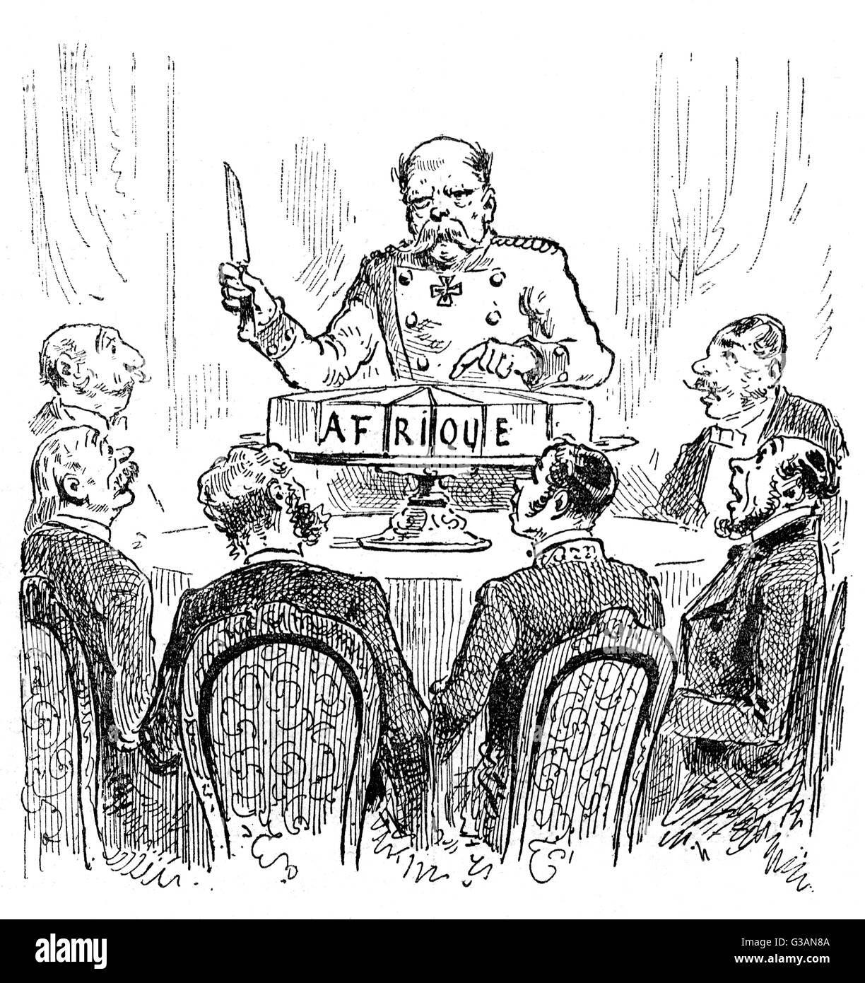 French Commentary On The Berlin Conference Of 14 15 Otto Von Bismarck Then Chancellor Of Germany Is Portrayed Here Wielding A Knife Over A Sliced Up Cake Marked Africa His Fellow Delegates Seated