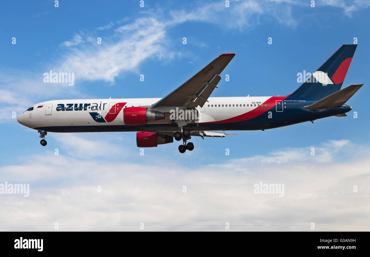 An Azur Air Boeing 767-300ER approaching to El Prat Airport in Barcelona, Spain. Stock Photo