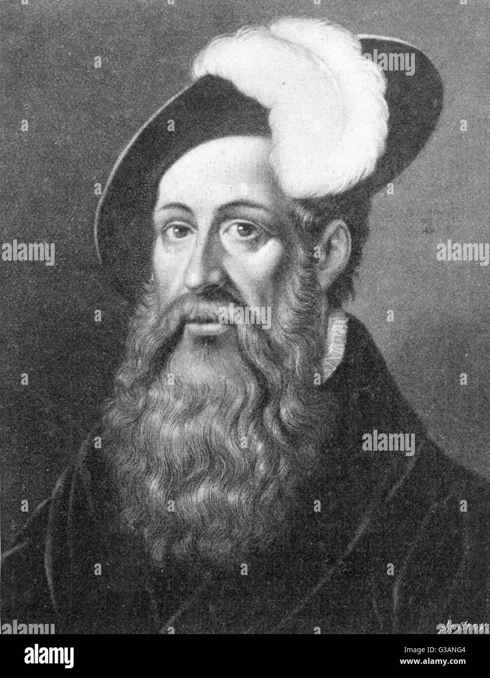 Johann Fust (1400-1466) - German printer. He appears to have been the partner of Johann Gutenberg in promoting the art of printing as he was his money-lender. In 1455, the partnership was dissolved as Fust brought suit against Gutenberg to recover the mon Stock Photo