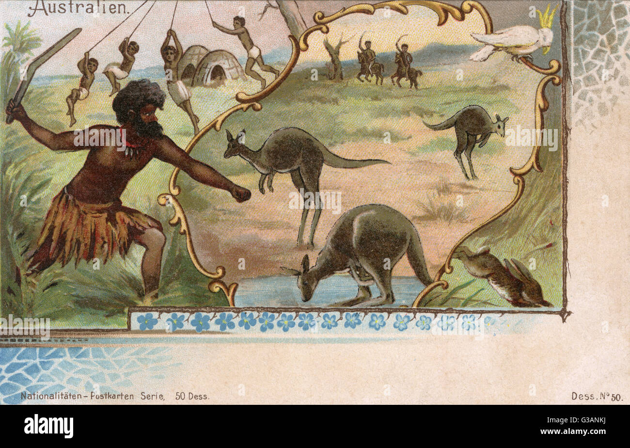 Australian Aboriginals hunting Kangaroo with boomerangs and young Stock  Photo - Alamy