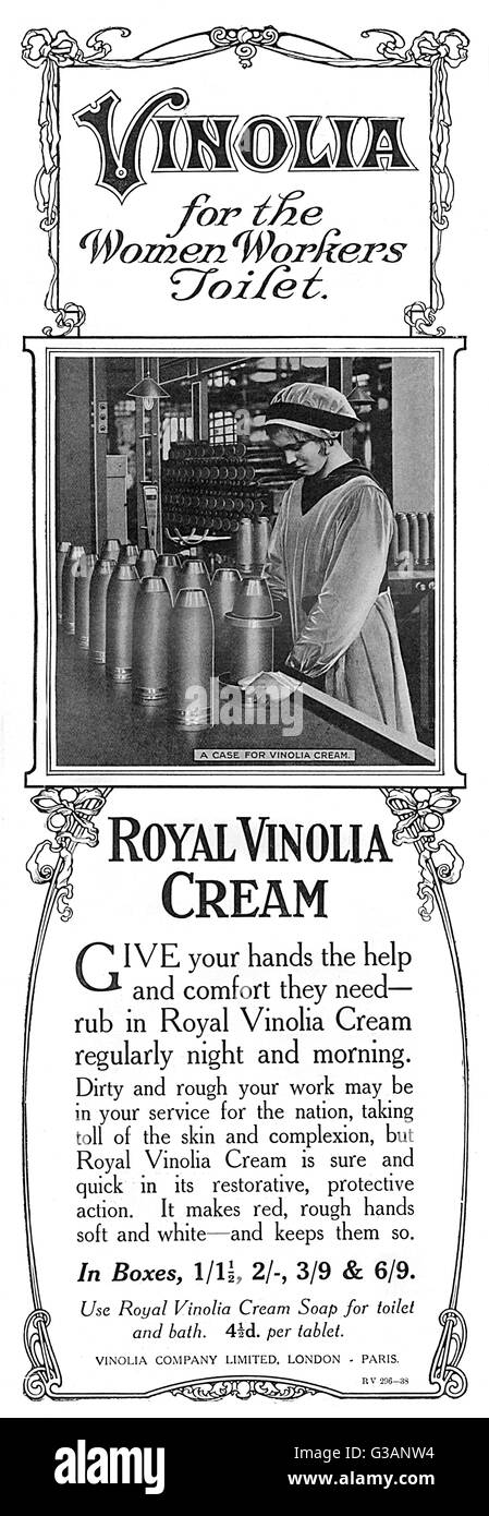 Royal Vinolia Cream advertisement, munition worker, WW1 Stock Photo