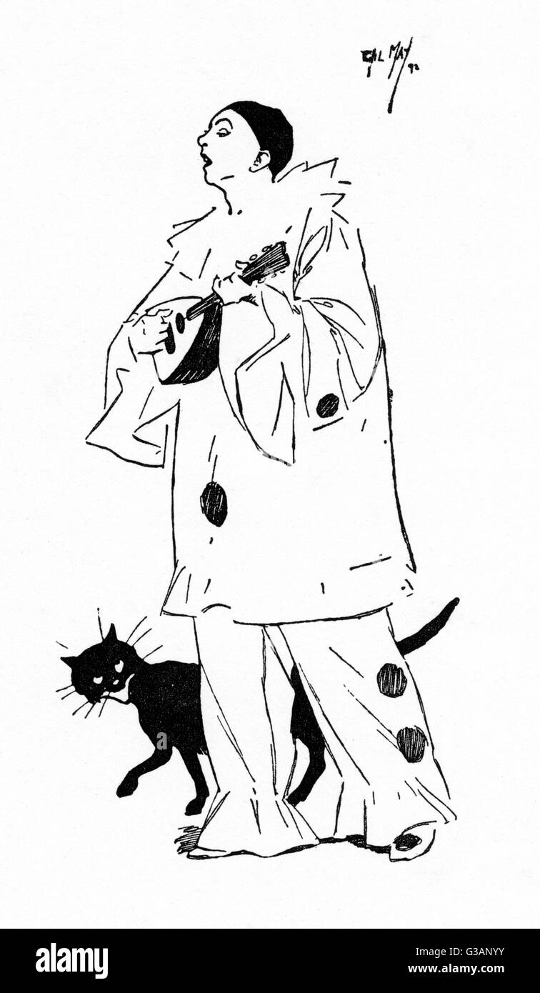 A wandering Pierrot Minstrel with his black cat Stock Photo