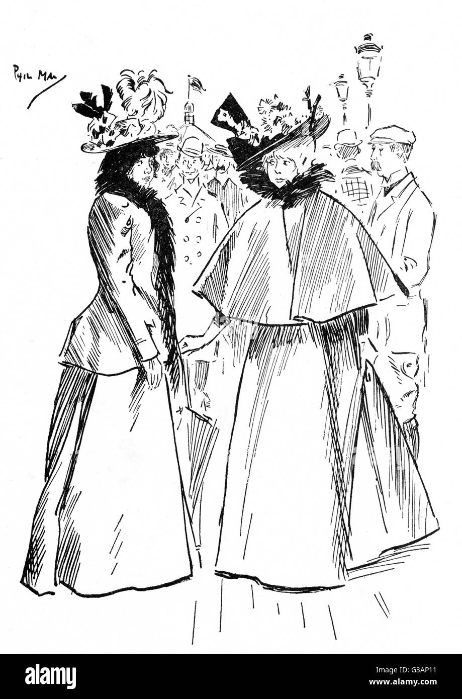 Two Cockney ladies discuss their romantic life - cartoon by Phil May. There appears to have been a muddle up between the word clandestine and the word incandescent, to the detriment of a certain male coster suitor!     Date: circa 1890s Stock Photo