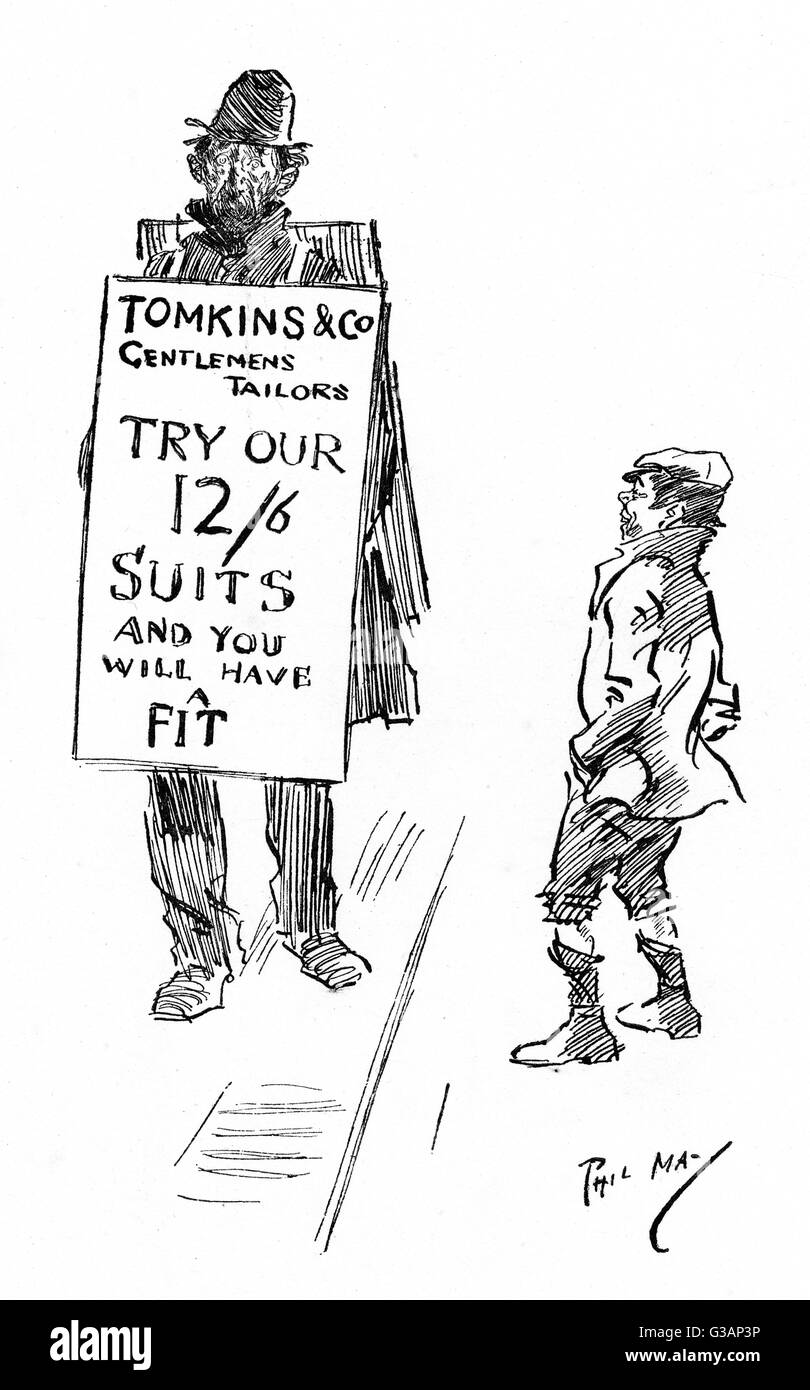 Visual irony of a very tatty sandwich board man advertising a Gentleman Tailor and his smart suits, retailing for 12/6.     Date: circa 1890s Stock Photo